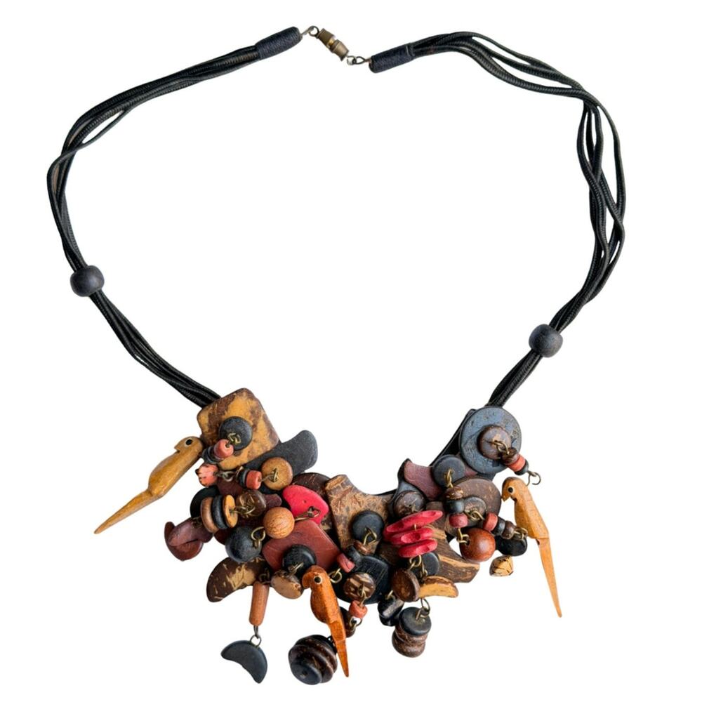 70s Boho Carved Wooden Parrot Bead Statement Necklace Leather Strap Barrel Clasp